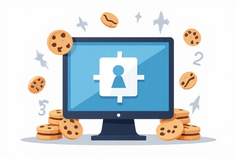 Ilustrace sušenky a počítače, symbolizující soubory cookie