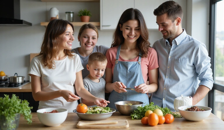Rodina připravující zdravé jídlo v kuchyni
