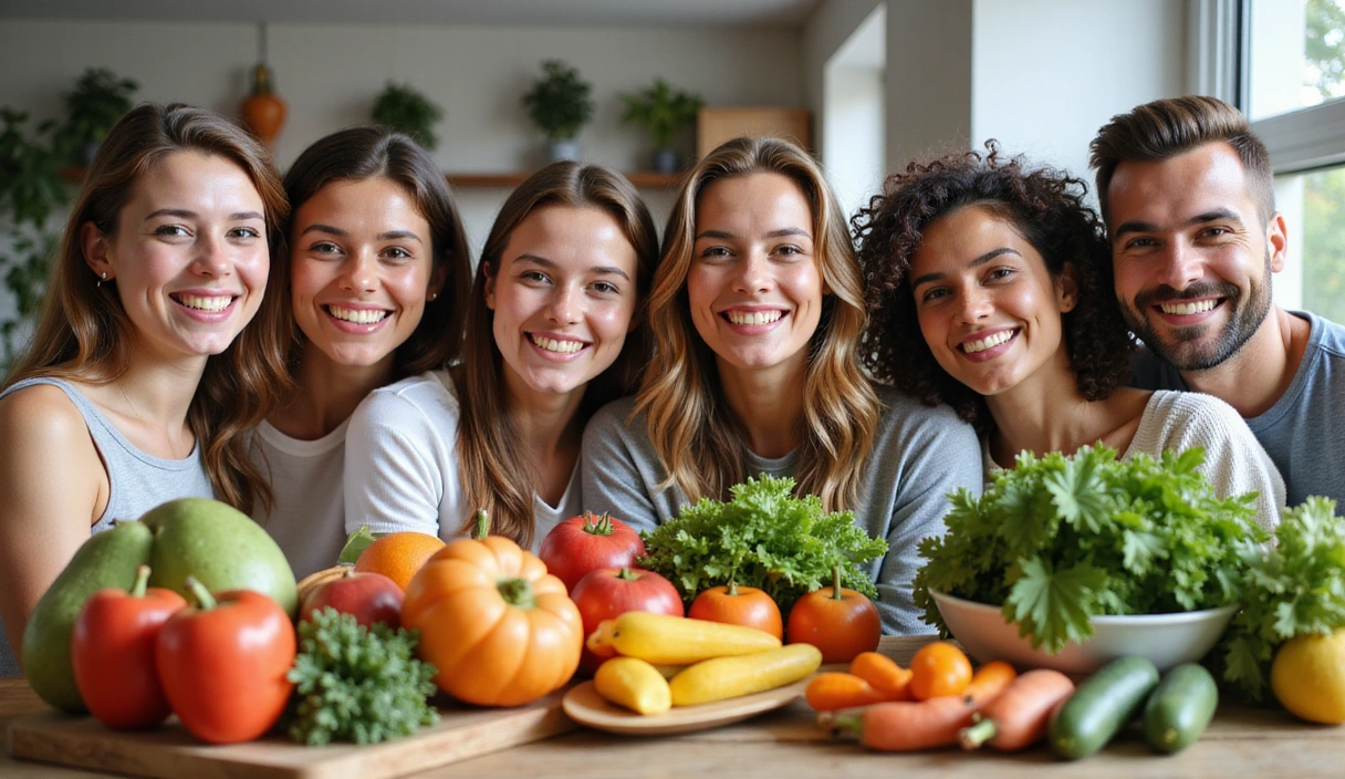 Šťastní a energičtí lidé s čerstvými potravinami symbolizující zdravý životní styl
