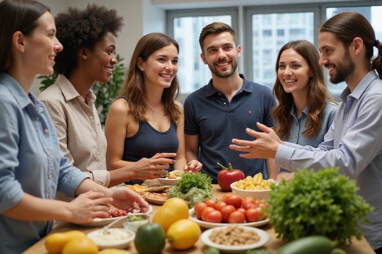 Skupina lidí diskutující o zdravé výživě s úsměvy