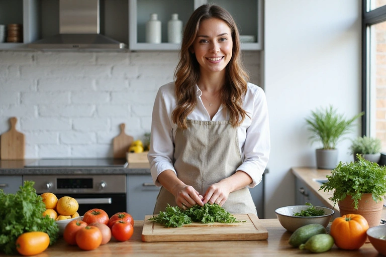 Žena připravující zdravé jídlo v moderní kuchyni s čerstvými ingrediencemi