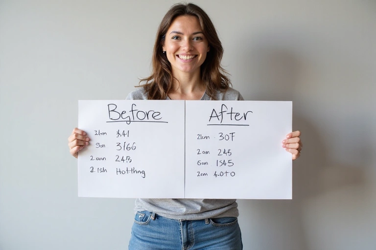 Šťastná žena si prohlíží své výsledky před a po hubnutí, držící tabuli s čísly a úsměvem.