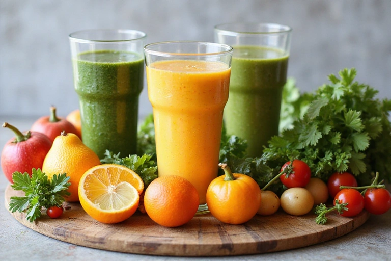 Čerstvé ovoce a zelenina připravené na smoothie, s detoxikačními nápoji ve sklenicích.
